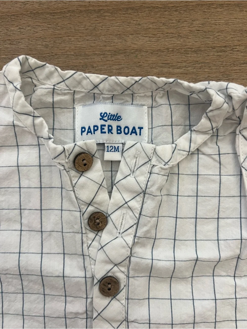 Paper Boat Grid-Print Baby Romper in White and Blue